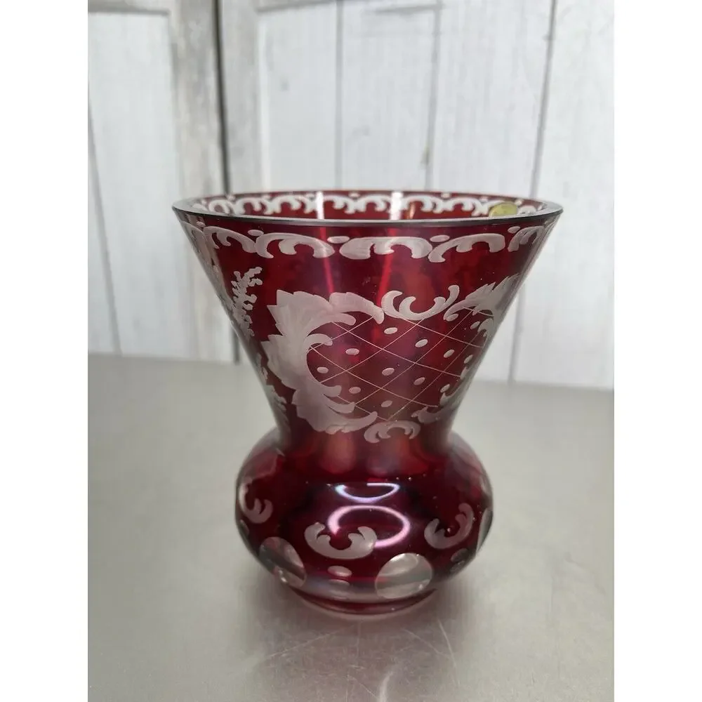 Antique Bohemian glass Vase Ruby red Etched glass Deer Castle Vintage